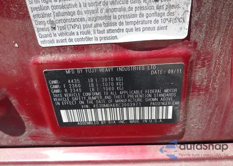 2012 Subaru Legacy 2.5I z USA, uszkodzony, nr VIN 4S3BMBA68C3003971